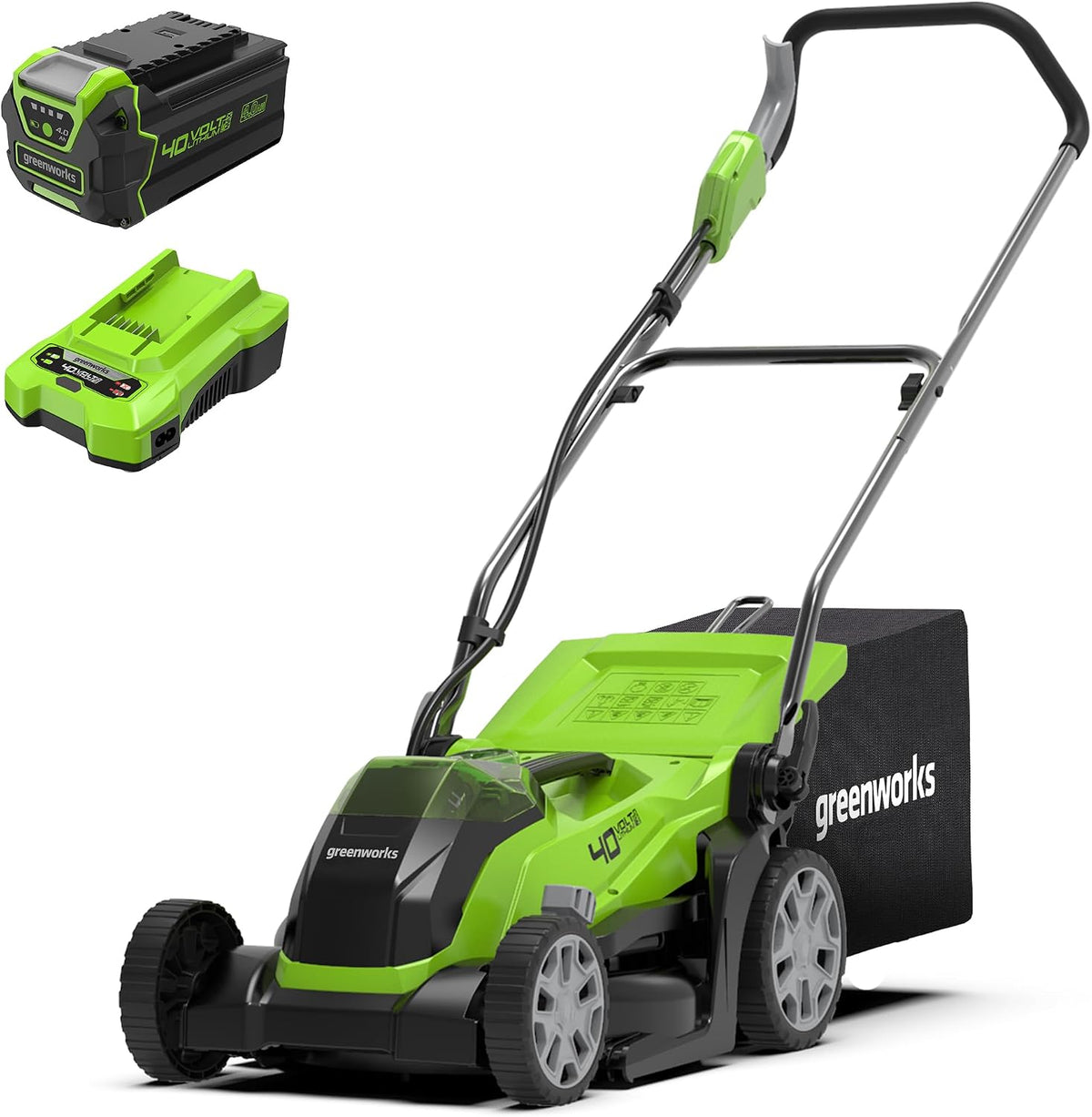 Greenworks tondeuse à gazon, 400 m – 35 cm | 40 L, 40 V – 4 Ah | Vert/Noir, sans Fil pour Pelouses Jusqu'à ² – Largeur de Coupe