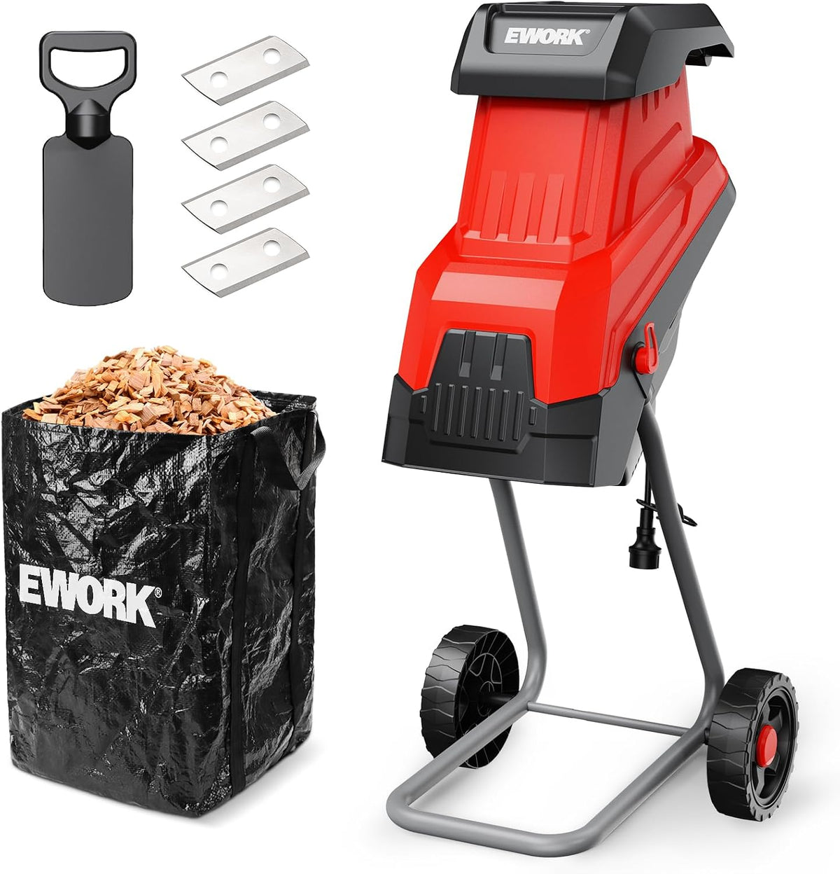EWORK broyeur, 4,5 cm – Rouge/Noir | comprend 2 lames supplémentaires pour branches, feuilles – brindilles