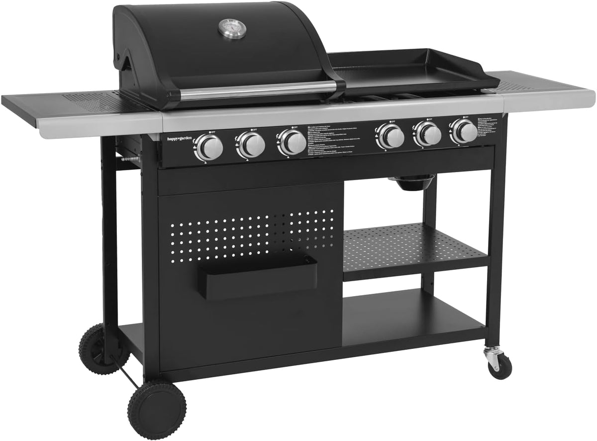 plancha Happy Garden | 18 kW, Noir/Argent – Barbecue duo au gaz VESUVIO - 3 brûleurs + 3 brûleurs