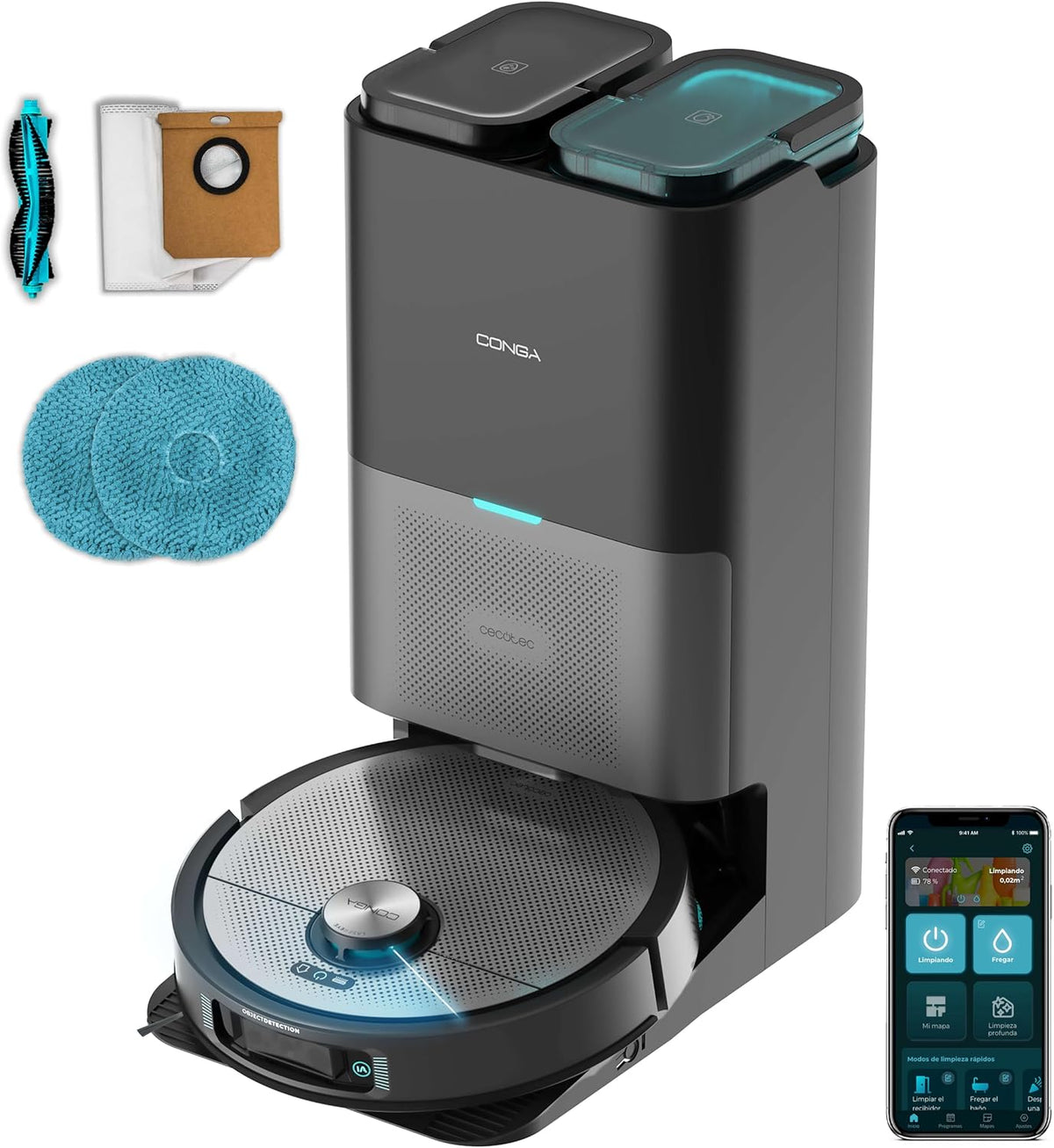robot aspirateur Cecotec | aspirateur robot, Noir/Gris/Bleu – Technologie Laser | Détection d'Objets, Distributeur de Savon