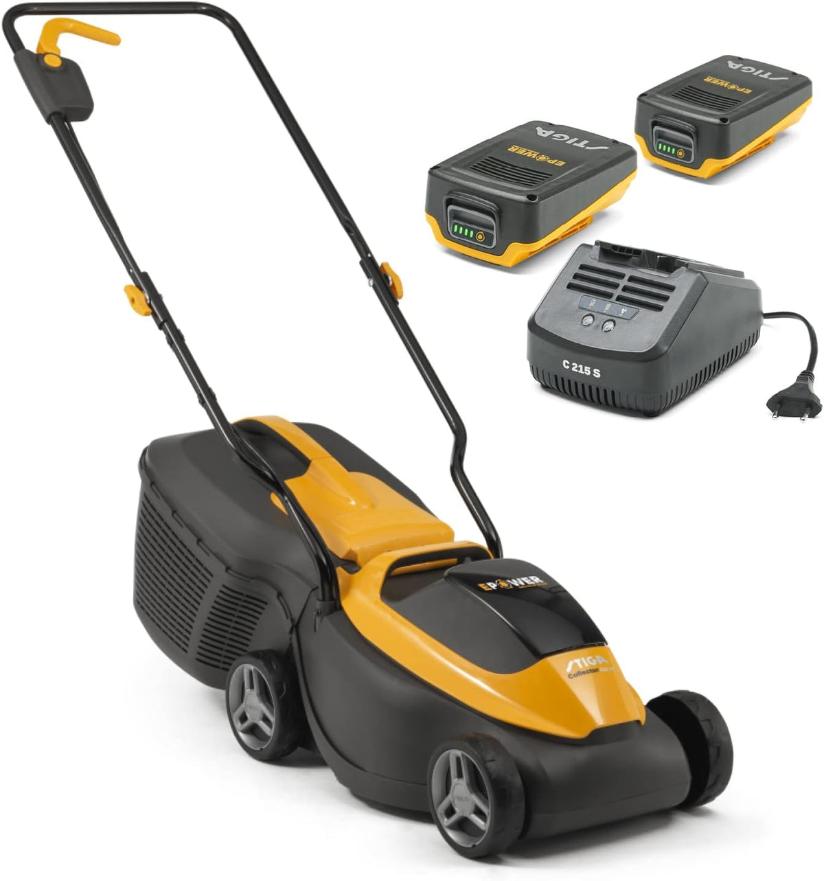 STIGA tondeuse à gazon, 30 cm – 20 V | 4 Ah, 350 W – 150 m | Noir/Jaune, Tondeuse à Batterie COLLECTOR 132 AE Kit