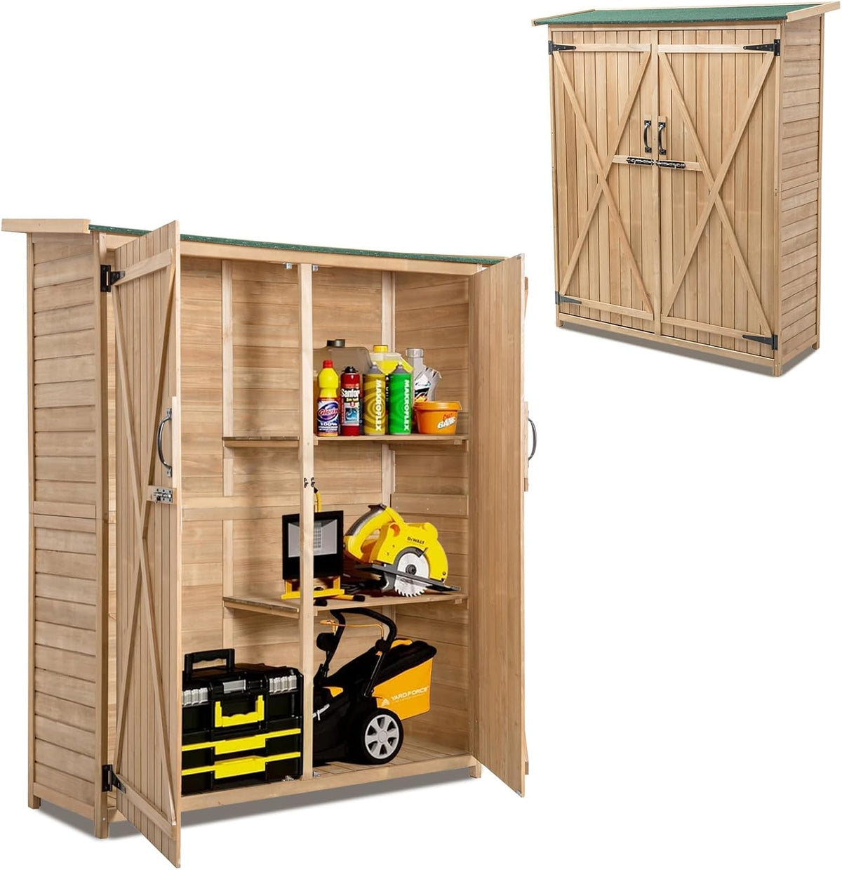 armoire GOPLUS | 140 x 50 x 162 CM, bois de sapin – asphalte | métal, Naturel – Abri de Jardin à Outils en Bois Sapin