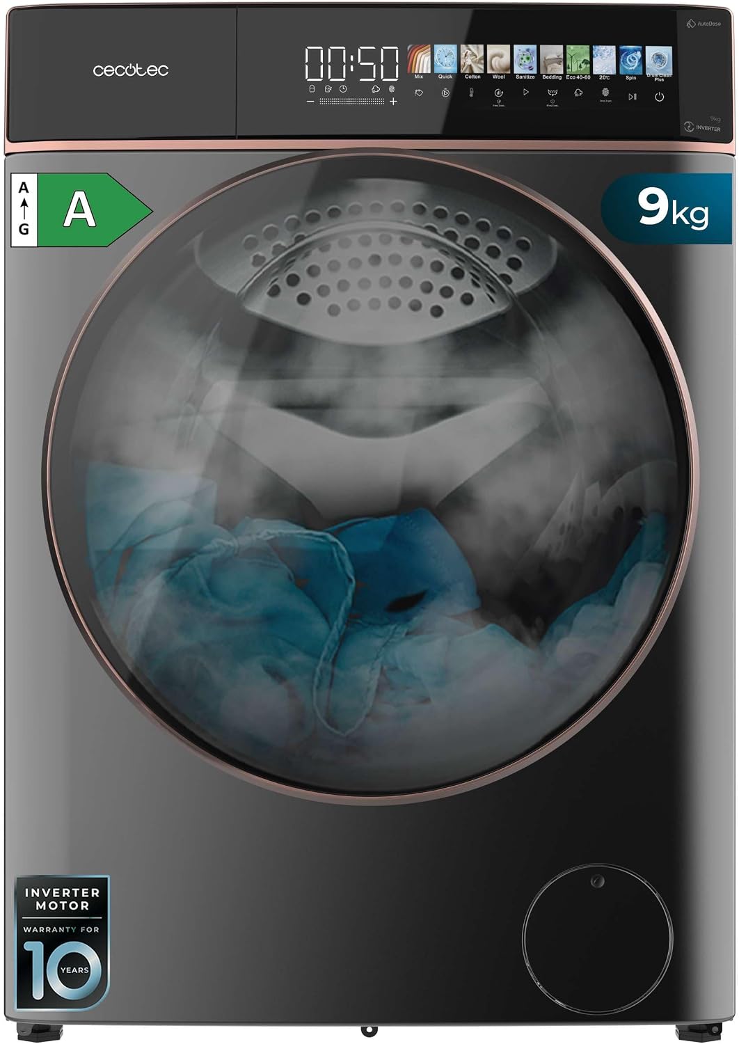 Cecotec lave-linge, machine à laver – 9Kg | 1400 Tr/min, Noir/Acier – Écran 10 | Inverter, SteamMax – Classe A