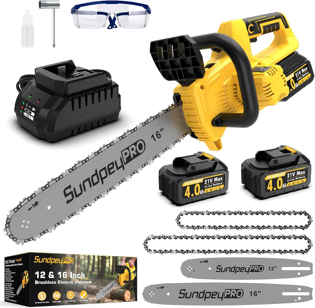 tronçonneuse SundpeyPRO | 30,5 cm, 40,6 cm – Jaune/Noir/Argent | sans fil de et alimentée par batterie, moteur sans balais