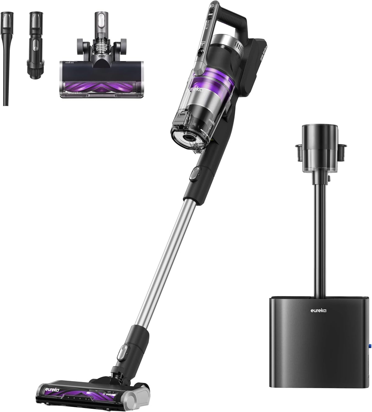 aspirateur balai sans fil EUREKA – aspirateur sans fil | 3 L, Noir/Argent/Violet – Stylus Elite avec Base | Aspiration 24000 Pa