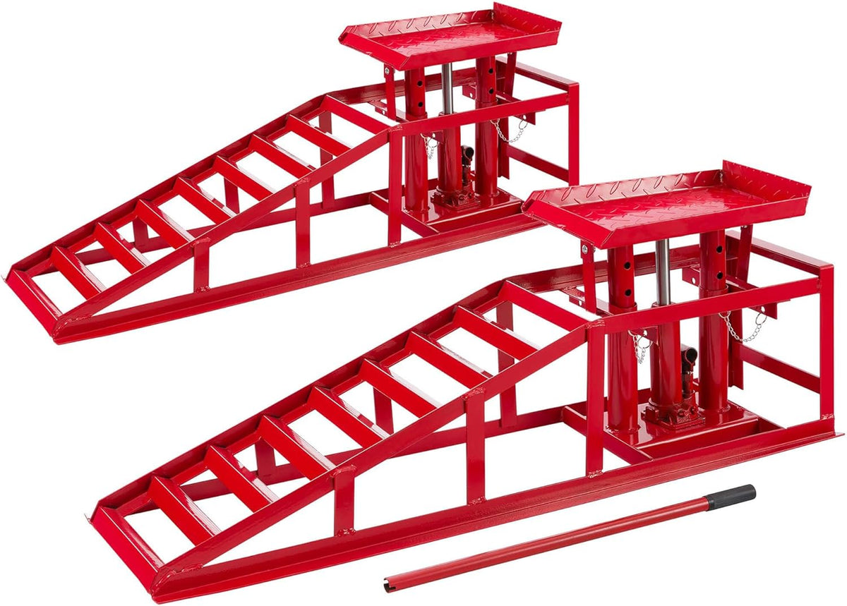 Rampes de chargement AREBOS – 257 mm | Rouge, Lot de 2 Rampes d'Accès avec Cric Hydraulique 2T – Pont Élévateur Auto XXL
