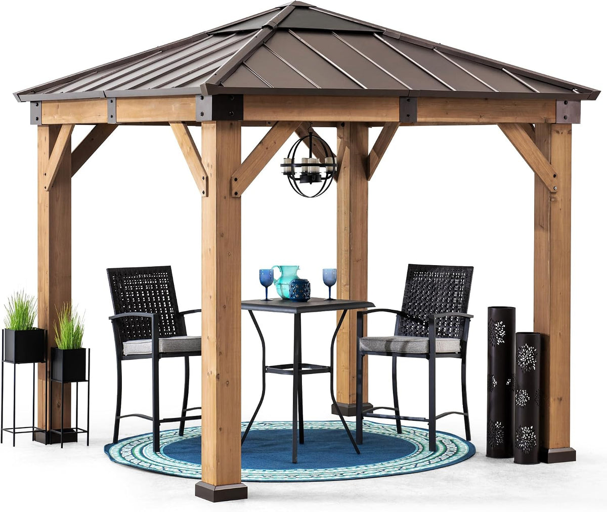 Sunjoy Belvédères, 273x273 cm – Brun/Noir | Tonnelle Bois Hardtop, Structure en Cèdre Naturel – Toit Acier et Lanterneau Polycarbonate
