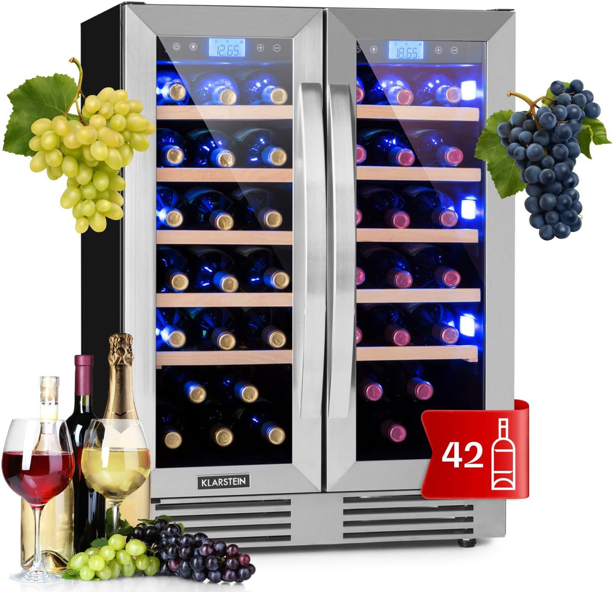 réfrigérateur KLARSTEIN | frigo, 126 L – 2 x 5 | Noir/Argent, Vinovilla Duo42 – Cave à vin | à boissons, layettes en bois