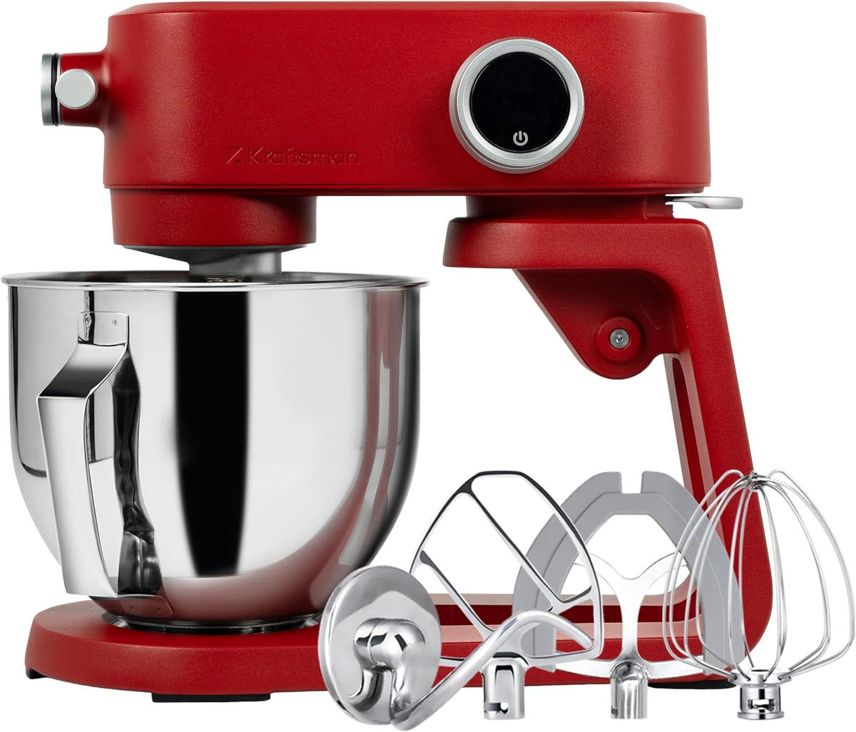 Kraftsman robot de cuisine, 5 L – Rouge/Argent | Robot Pâtissier, Tout en Métal avec Port d'Alimentation Universel et Fonction Minuterie