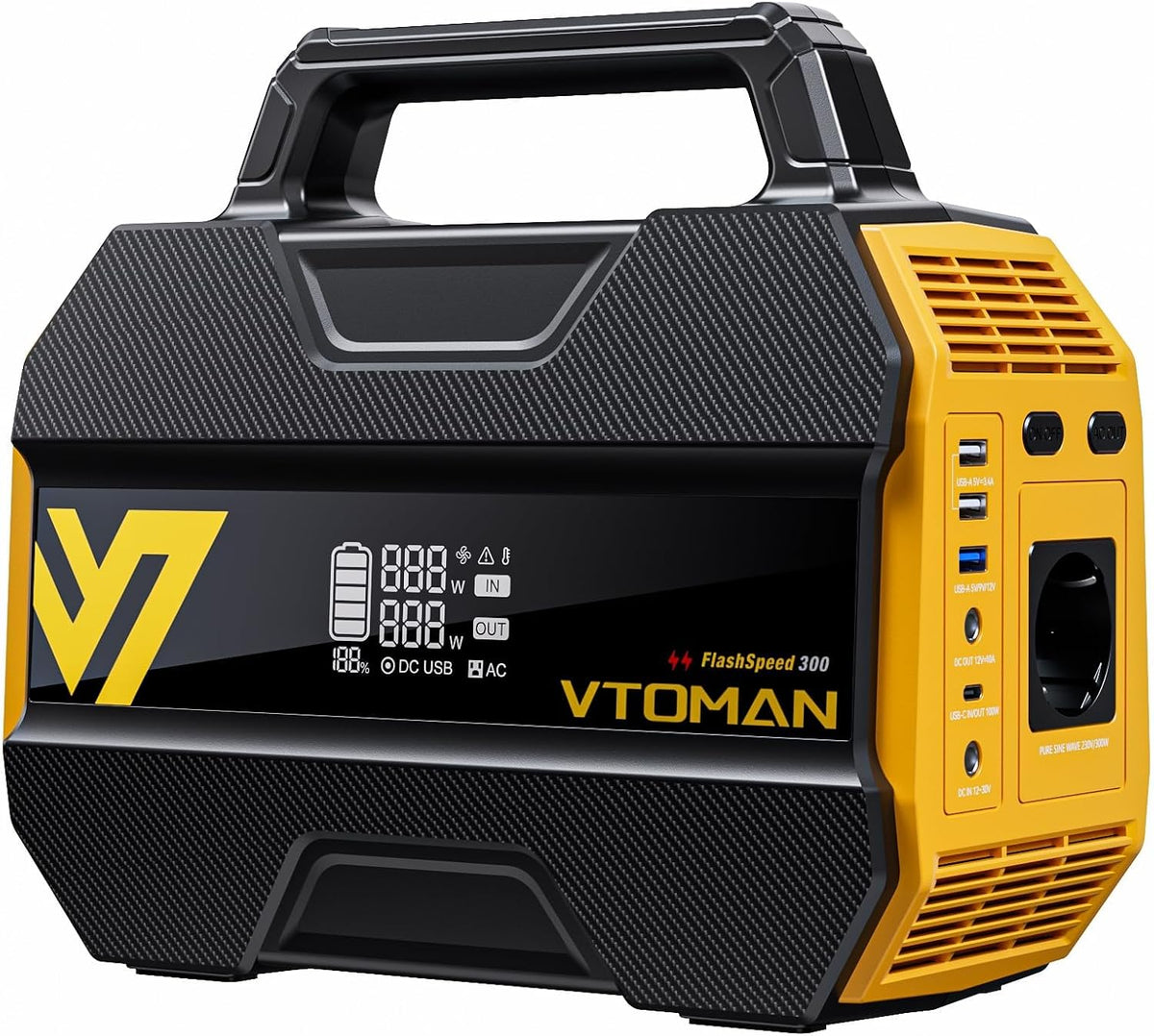 VTOMAN groupe électrogène, 300 W – 600 W | 230 Wh, 100 W – 230 V | Noir/Jaune, Batterie LiFePO4 avec 3000 Cycles – Sorties USB-C/ AC pour Camping