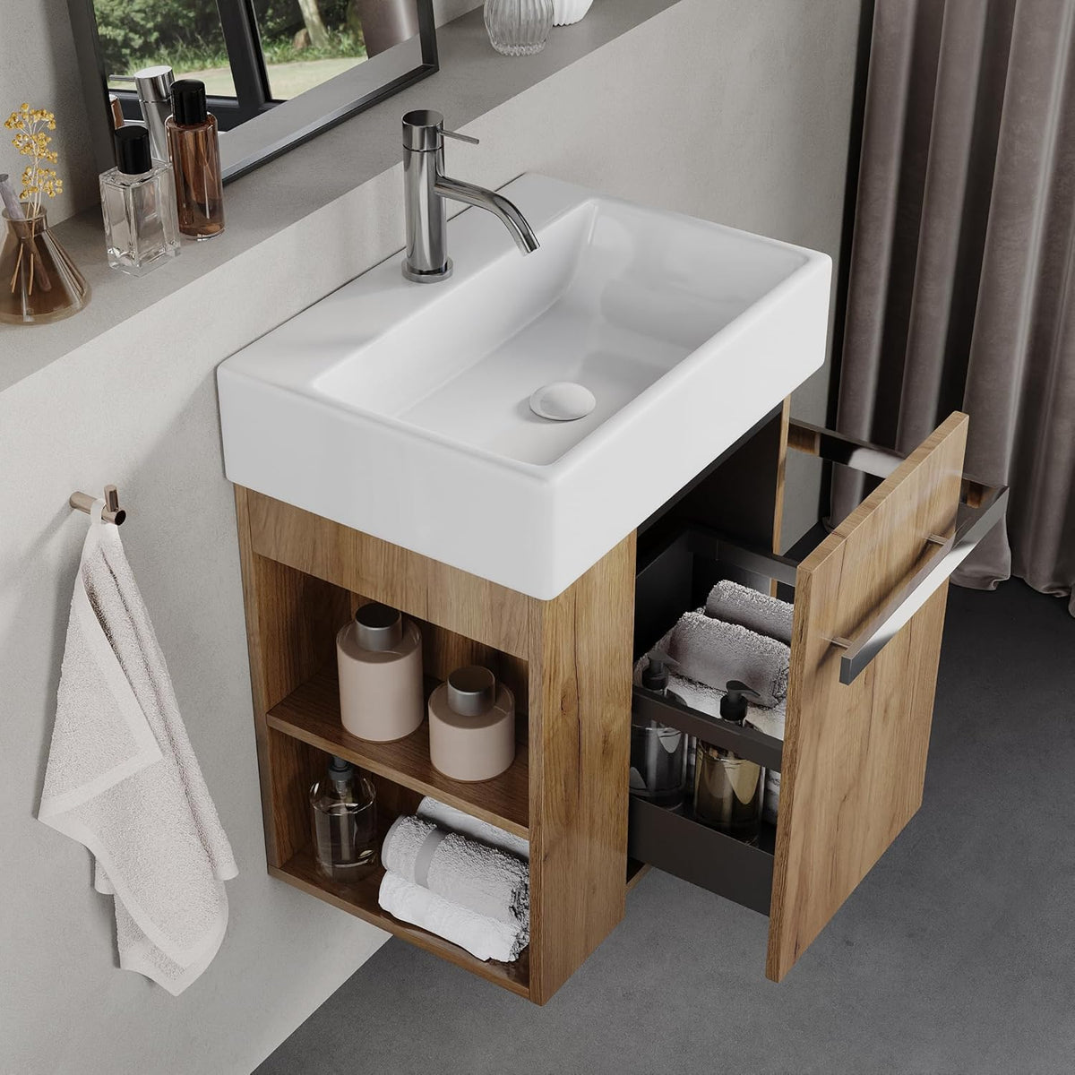 BRIDGE BENO Meubles-lavabos, 50 cm – Blanc/Chêne | Meuble De Salle De Bain De avec Lavabo en Céramique, Tiroir À Fermeture Douce