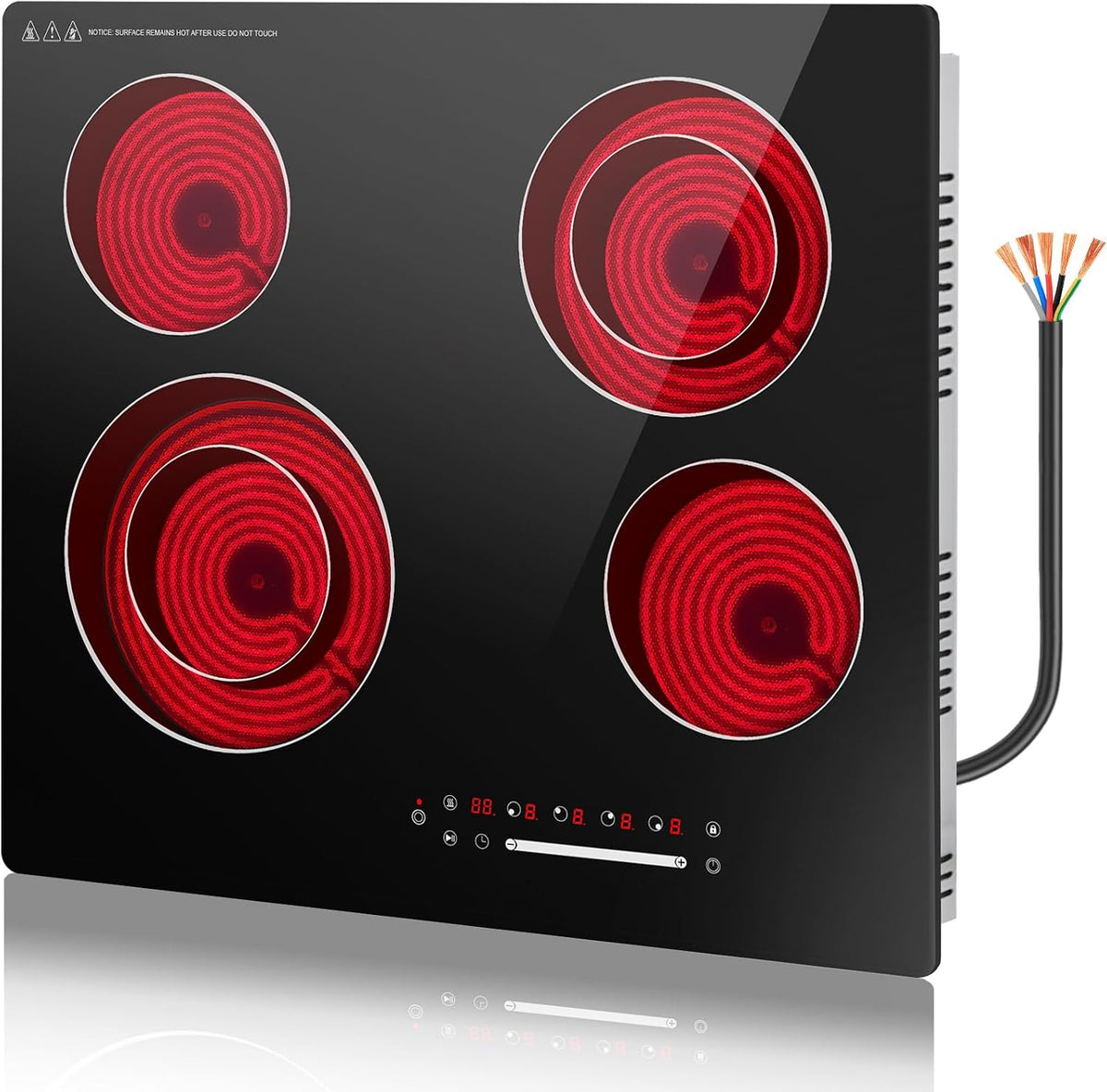 table de cuisson GRACEALL, 230 V – 6700 W | Noir/Rouge, 4 feux plaque de cuisson infrarouge – 4 dominos infrarouges