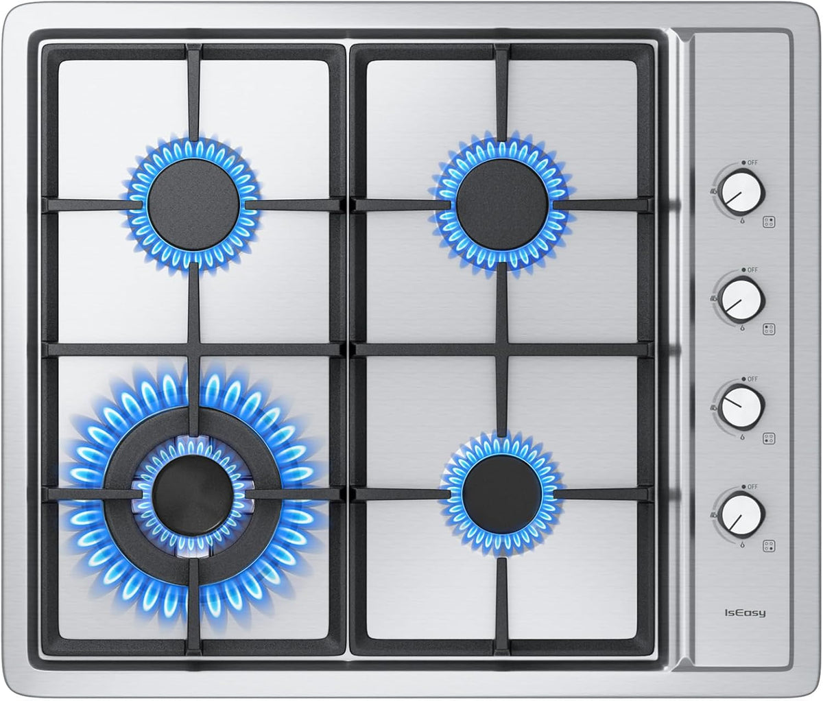 table de cuisson IsEasy, 60 cm – Argent | Plaque de Cuisson à Gaz 4 feux - Plaque Gaz Avec 4 brûleurs