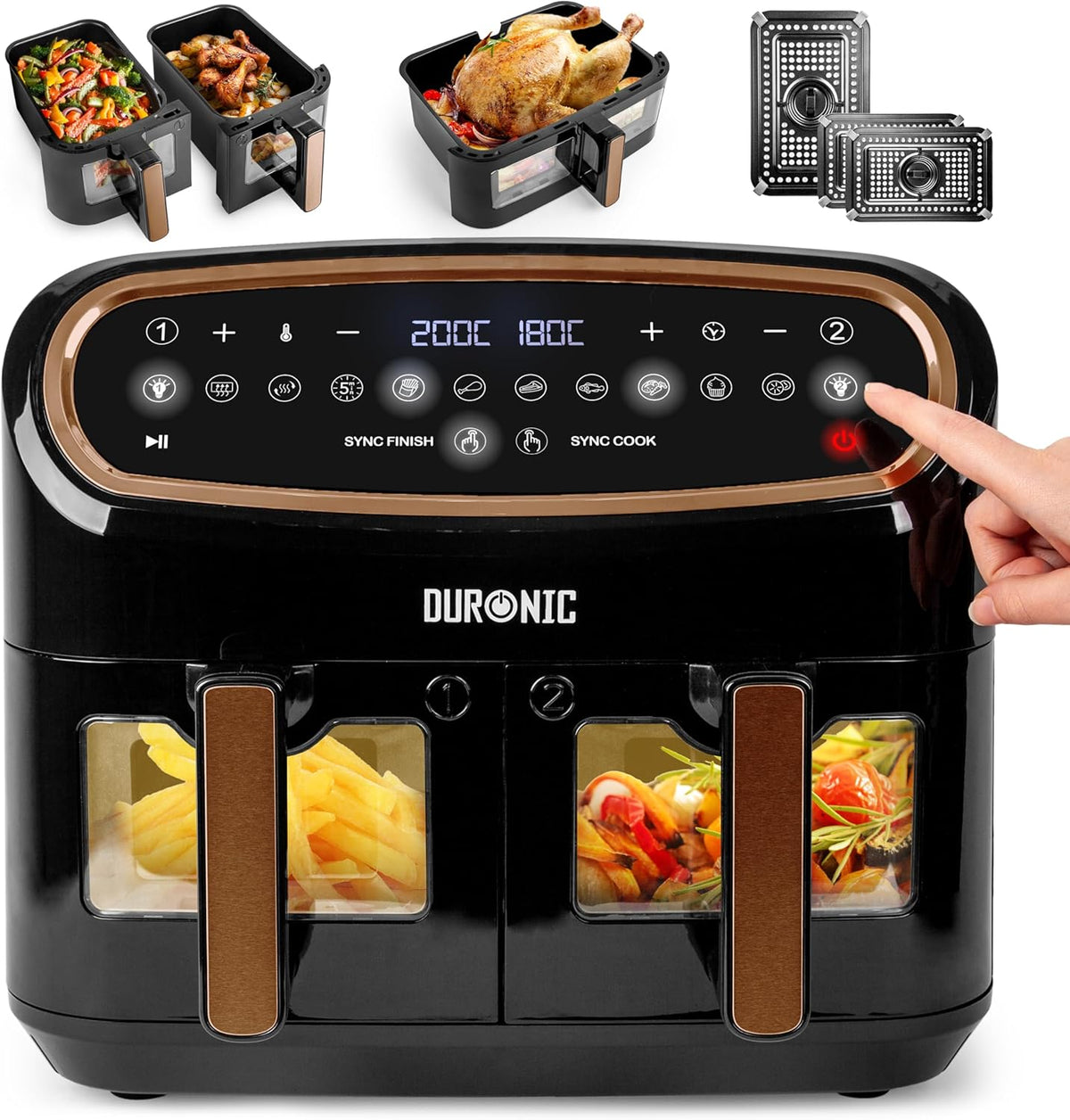 friteuse à air chaud Duronic – air fryer | 10 L, 5 L – Noir/Marron | 10 Programmes de Cuisson Préréglés, Sans huile – Fonctions Sync Cook Sync Finish