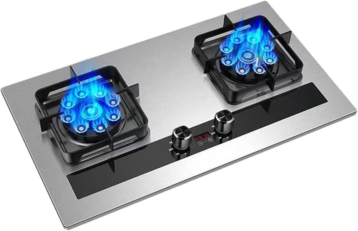Tables de cuisson XLTFUC – 75x43x10CM | 5,2 KW, Argent/Noir – Cuisinière À Gaz 2 Brûleurs | Minuterie Indépendante Double Face