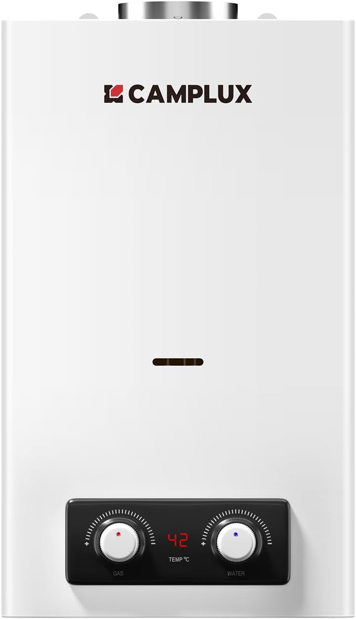 CAMPLUX chauffe-eau, 11 l – 3 V | 22 kW, Blanc – butane (28-30 mbar)/propane (37 mbar)