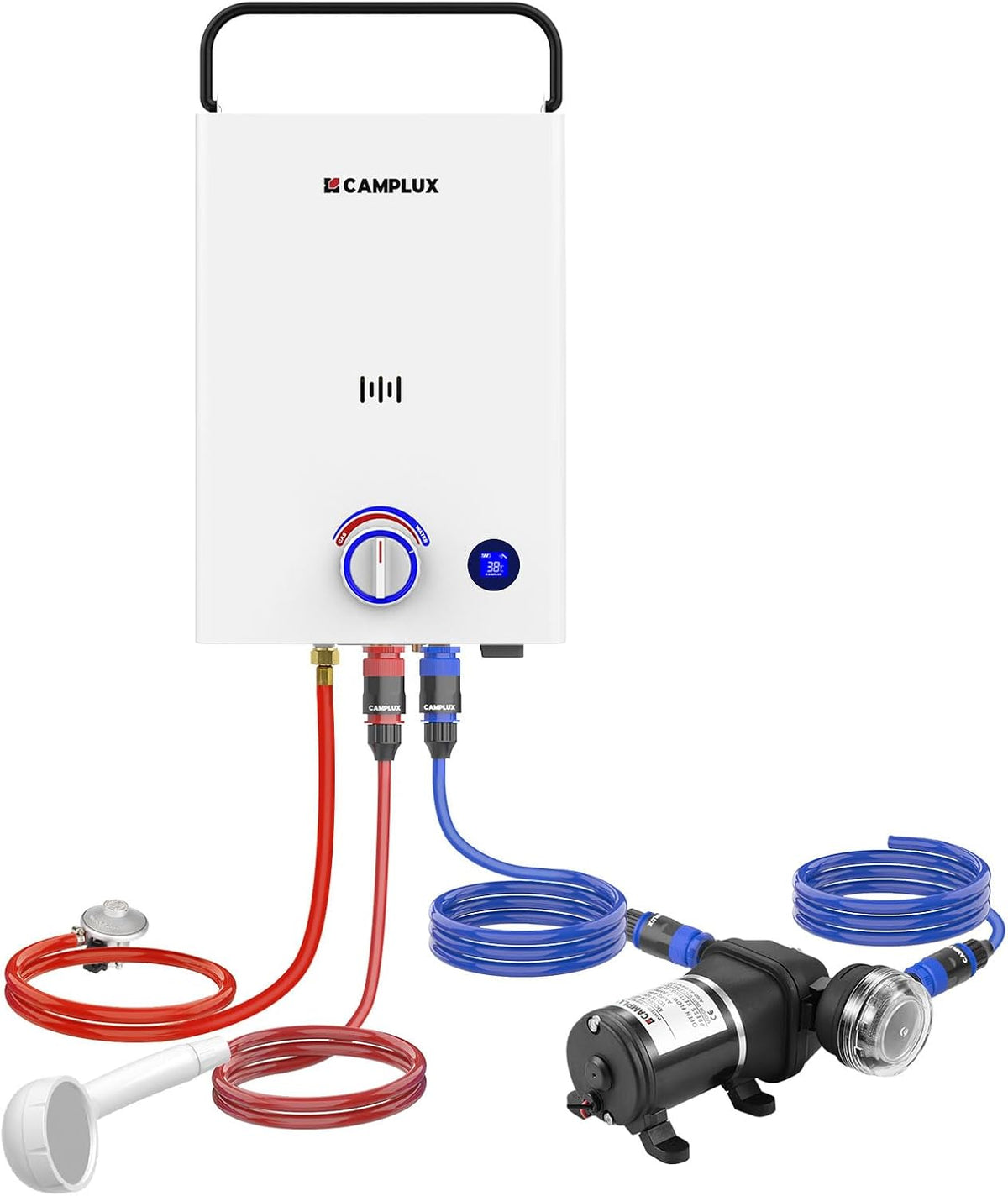 chauffe-eau CAMPLUX | 10 L, Blanc/Rouge/Bleu/Noir – Portable à Gaz avec Pompe à Eau F10 Pro | Douche Extérieure/Camping/Caravaning