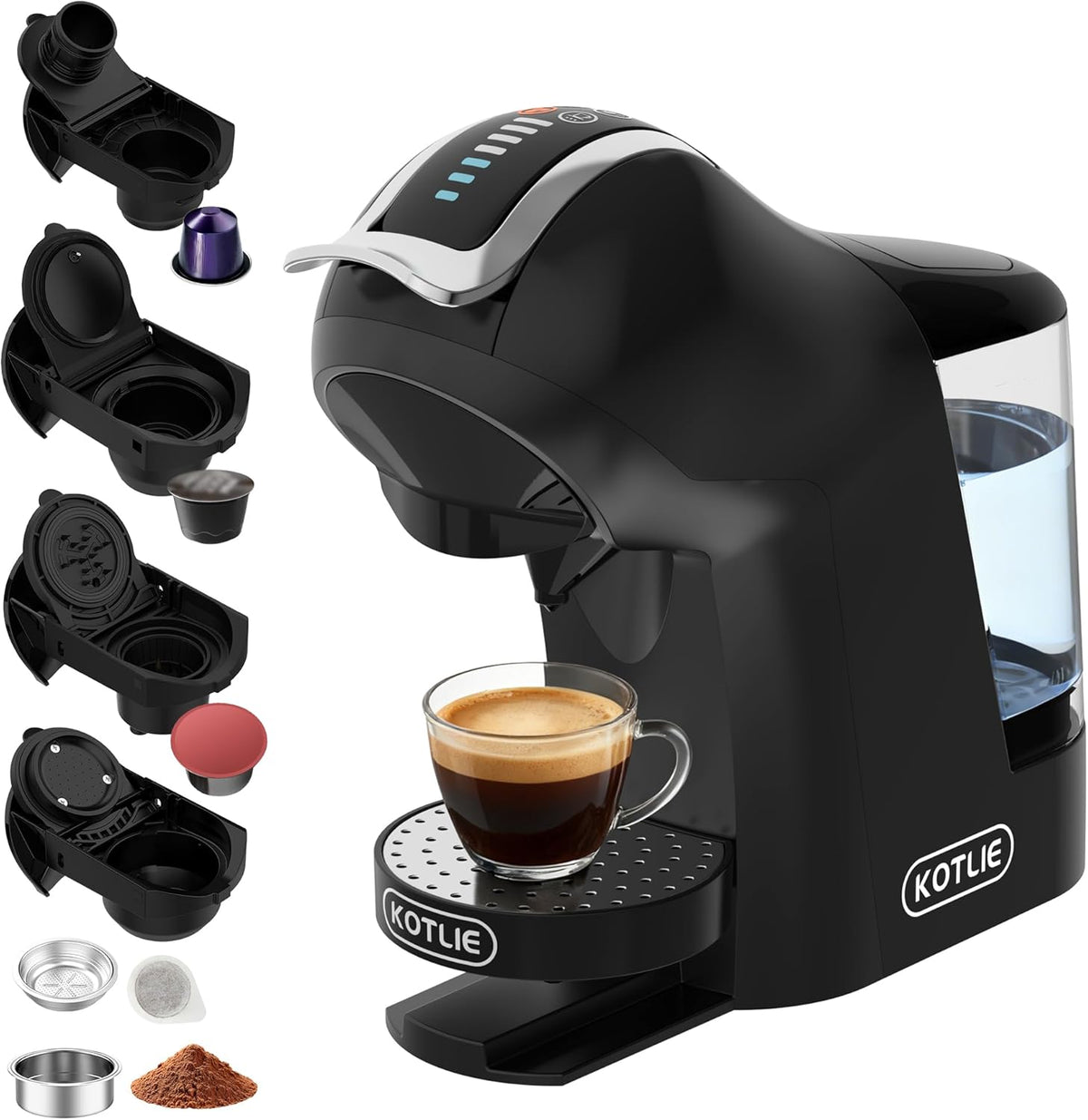KOTLIE machine à café, cafetière – 44 mm | Noir/Argent, à capsules – A Modo Mio | Dolce Gusto, Nespresso Original