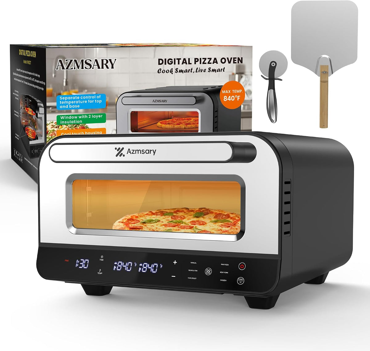 four à pizza Azmsary – 1700 W | 32 cm, Noir/Argent – électrique - 6 programmes | température maximale 450 °C, idéal pour les pizzas de - 5 en 1: pizza