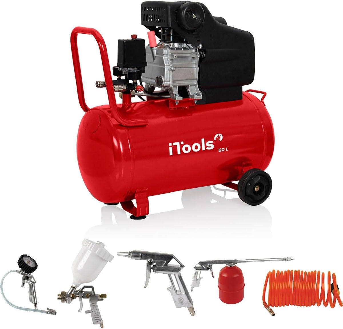 Outillage électroportatif iTools | 70 x 33 x 66 cm, 50 L – 8 bar | 1.5KW, Rouge/Noir/Argenté