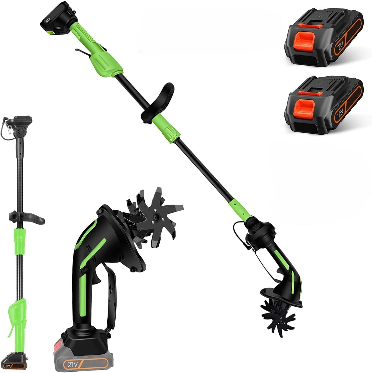 UEXEDO motoculteur, 650 W – 1,3 m | 10 cm, Vert/Noir – Motobineuse électrique | mini motobineuse avec batterie 3000 mAh