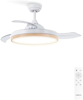 Ventilateurs CREATE – 40 W | 108 cm, Blanc/Bois Clair – minuterie | pales rétractables, 3 températures de lumière