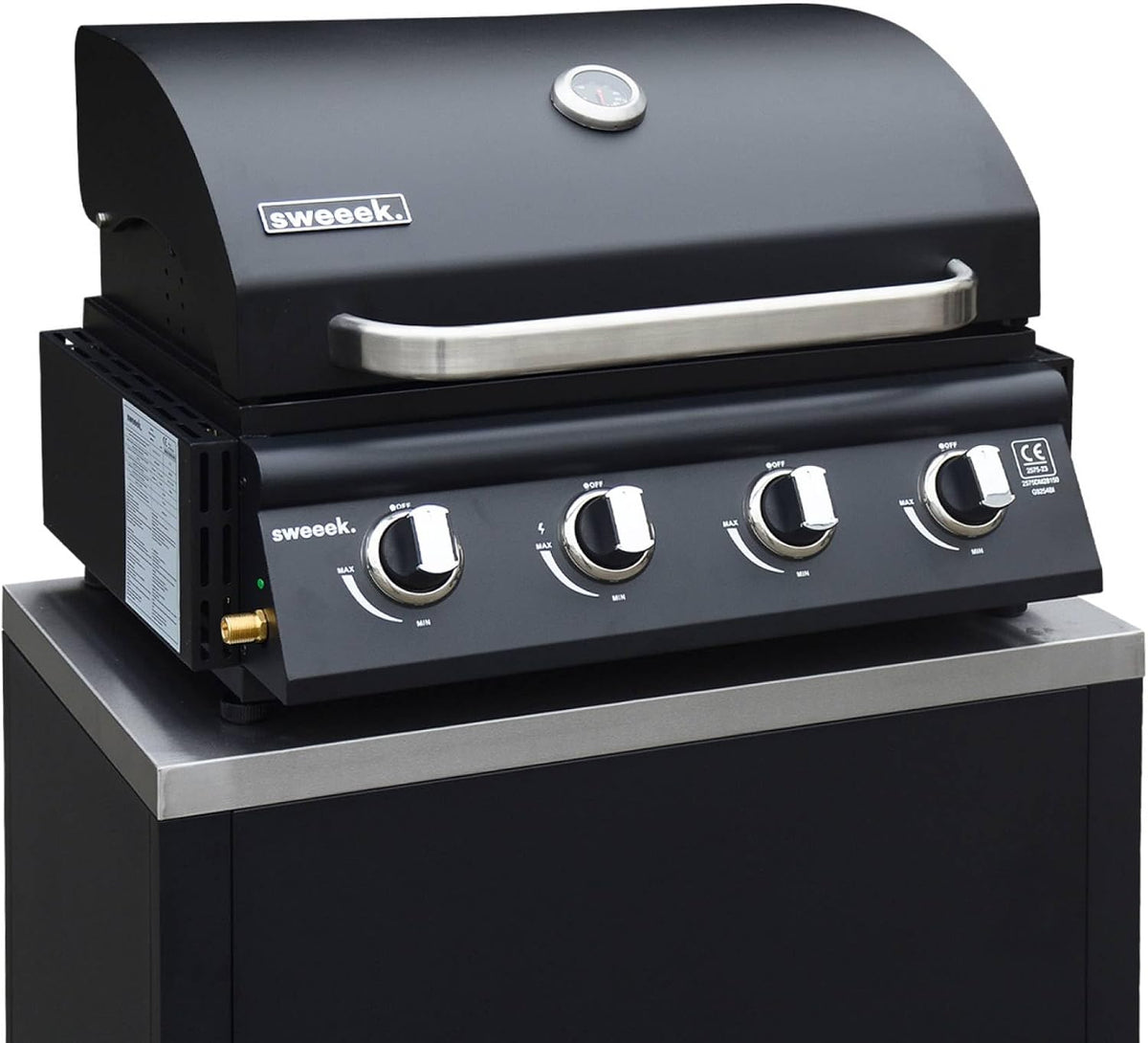 sweeek fumoir, Noir/Argent – Barbecue à gaz avec 4 brûleurs à poser avec récupérateur de graisse