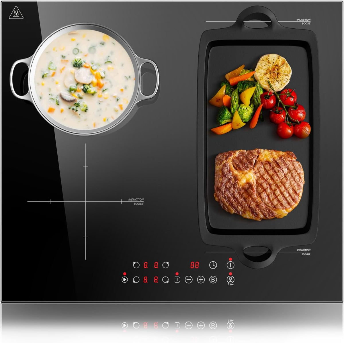 table de cuisson KICHPOWER – plaque de cuisson | 60 cm, 6000 W – Noir | Plaque Induction 4 Feux, 1 Zone Flexible – Plaque Induction Encastrable