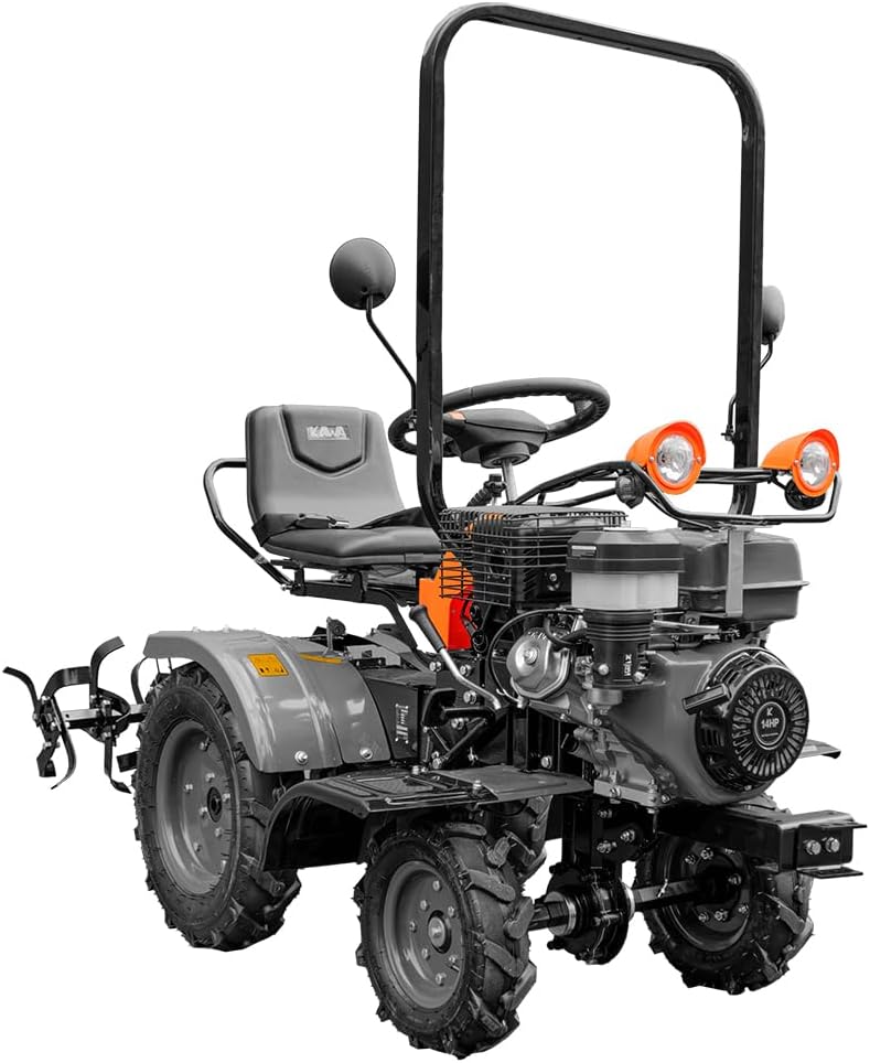 Cultivateurs et bêches rotatives Kawapower | Noir/Orange/Gris, Mini Tracteur Cultivateur 14HP Essence Démarrage électrique 4 Vitesses