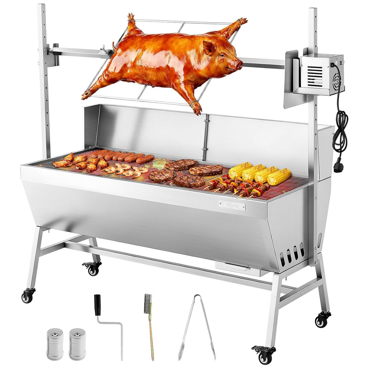 barbecue à charbon VEVOR | 55,91 x 21,06 x 51,38 pouces / 1420 x 535 x 1305 mm, 38 W – 60 kg | Argent, avec Tournebroche Électrique