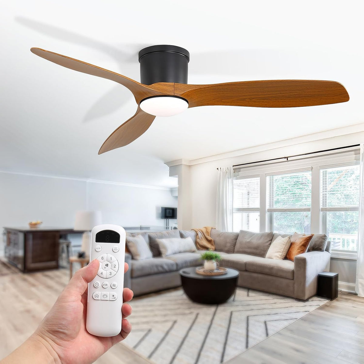 Sofucor Ventilateurs de plafond avec lampe intégrée, 132 cm – Bois/Noir | Ventilateur Plafond avec Lumiere, Dimmable Lampe Ventilateur Plafond LED