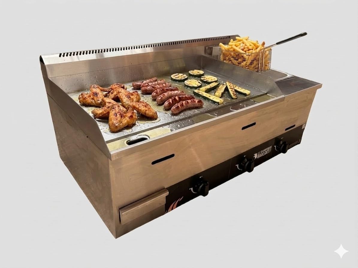 plancha Le Barbecue Gaulois – 14400 W | Argent, Gaz avec Friteuse – Combiné en Inox | Butane/Propane