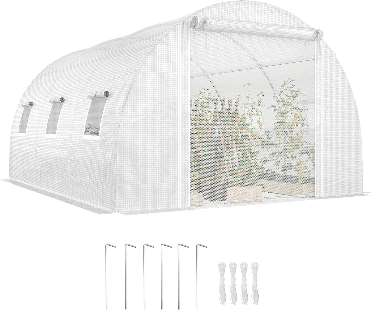 Serres tunnel Outsunny | 4x3x2 m, Blanc – Tunnel de Jardin Serre avec 2 Supports Amovibles | Portes enroulables et fenêtres en Grillage