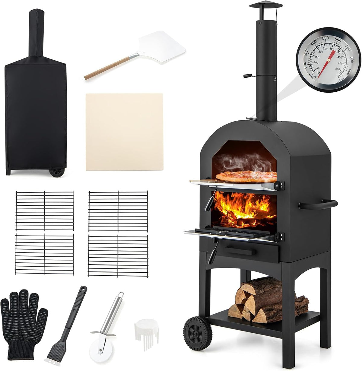 four à pizza GYMAX – 162 cm | Noir/Beige, Extérieur à Bois ou à Pellet – Cuisson Facile avec Thermomètre | Pierre à Pizza