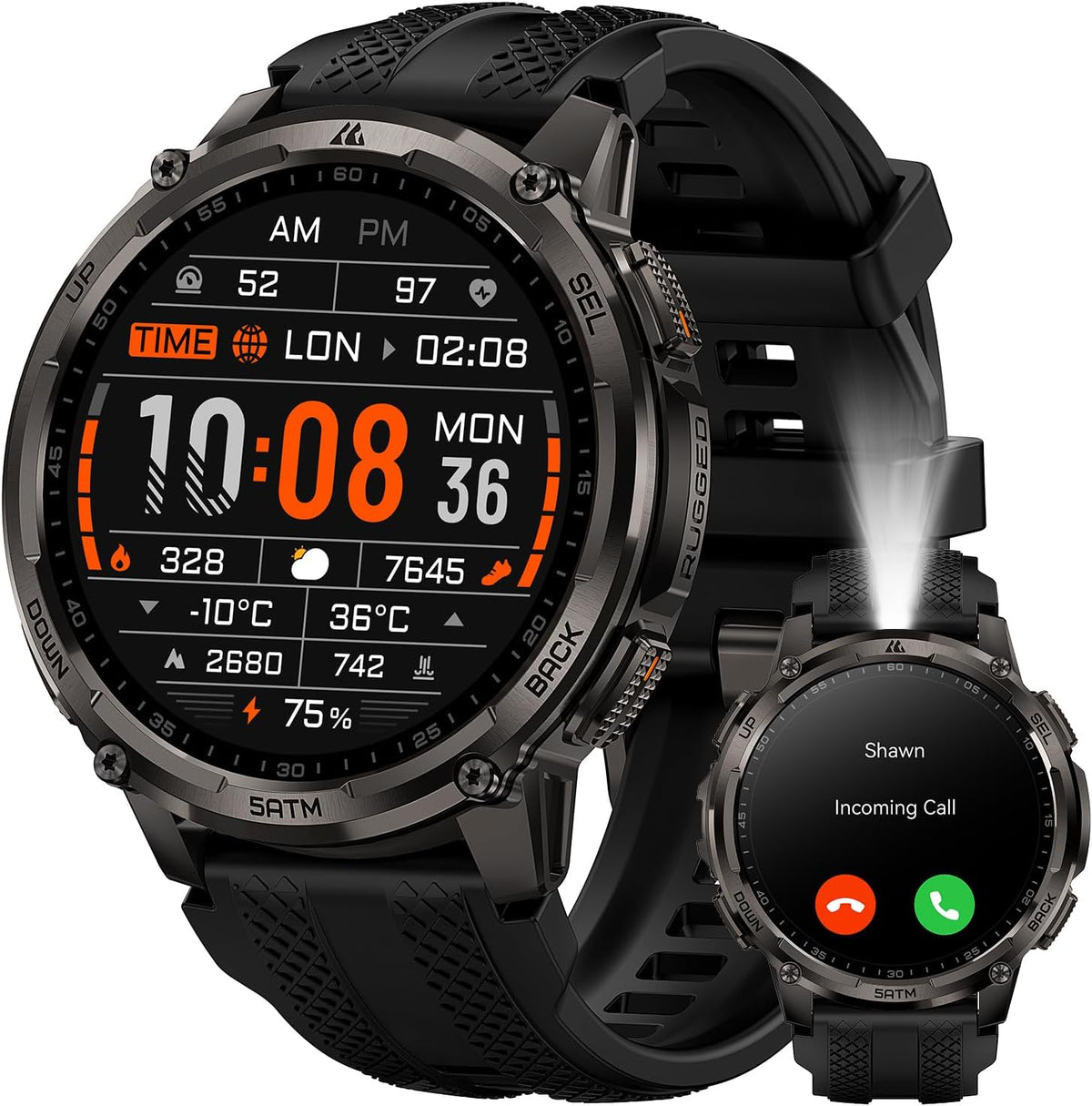 KOSPET Montres connectées, Noir – Tank T4C Montre Connectée Homme | Lampe Torche LED et Talkie-Walkie, Corps Entièrement Métallique