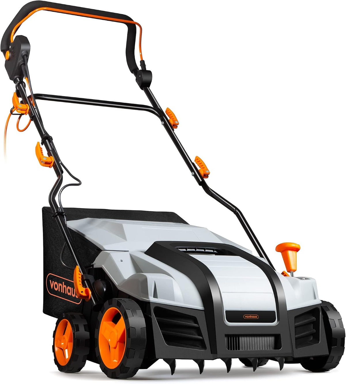 Outillage de jardin motorisé VonHaus – 1800 W | 55 L, 38 cm – Noir/Gris/Orange | Scarificateur/Aérateur/Râteau Électrique