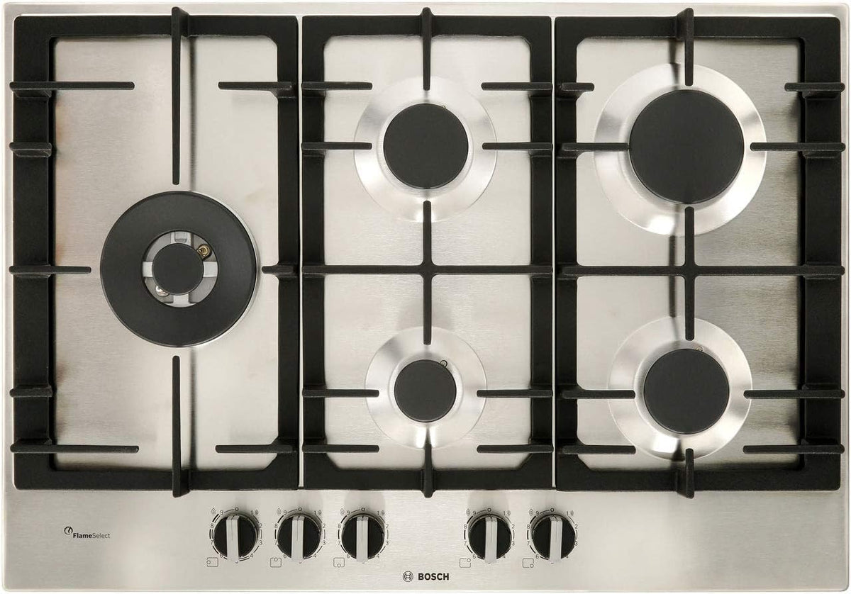 Tables de cuisson Bosch | 815 mm (hauteur) x 598 mm (largeur) x 550 mm (profondeur), 75 cm – Noir/Argent | Plaque au gaz PCS7A5B90 (5 Feux à gaz)