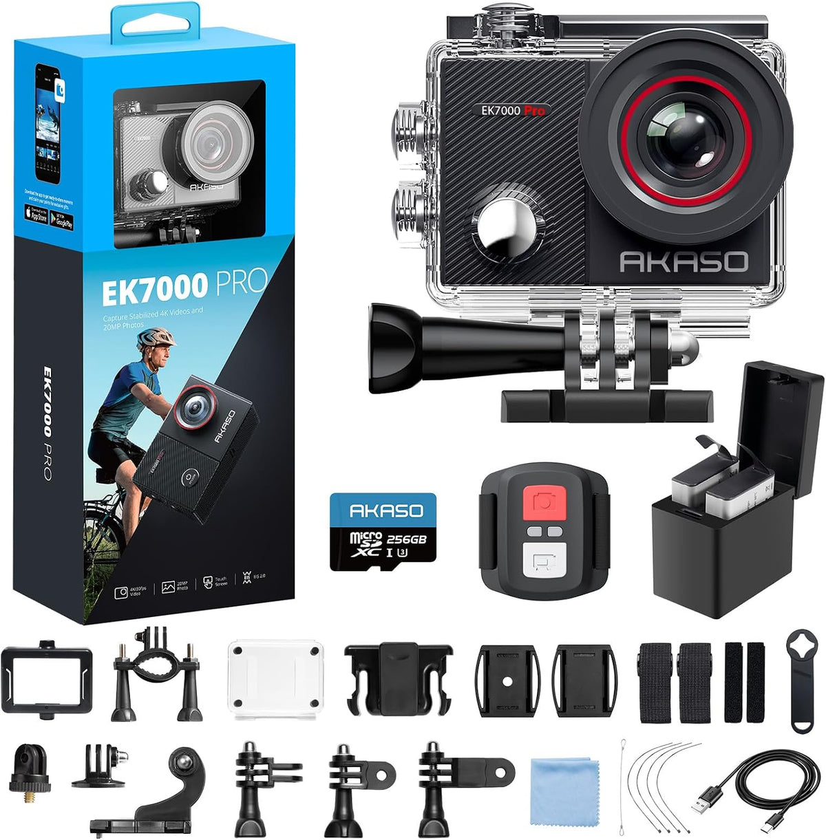 AKASO Caméras embarquées, 40M – Noir/Argent | EK7000 Pro Caméra Sport 4K avec Carte MicroSDXC 256 Go, Stabilisateur EIS
