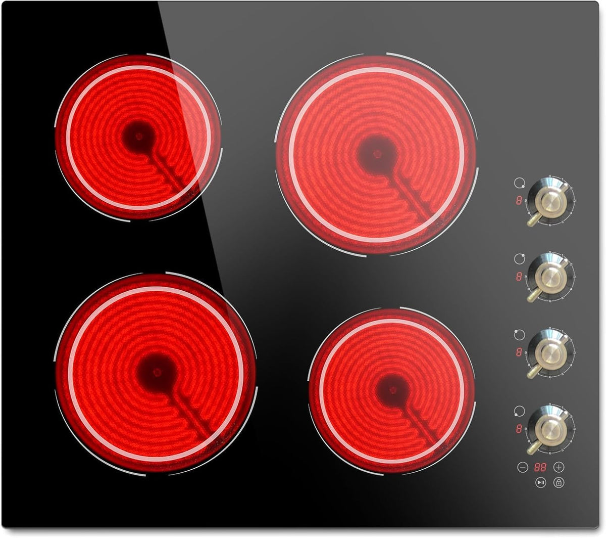 Tables de cuisson Disaenvir | 60 cm, 6000 W – 220 V | Noir/Rouge, Plaque Vitrocéramique 4 feux – encastrable | autonome