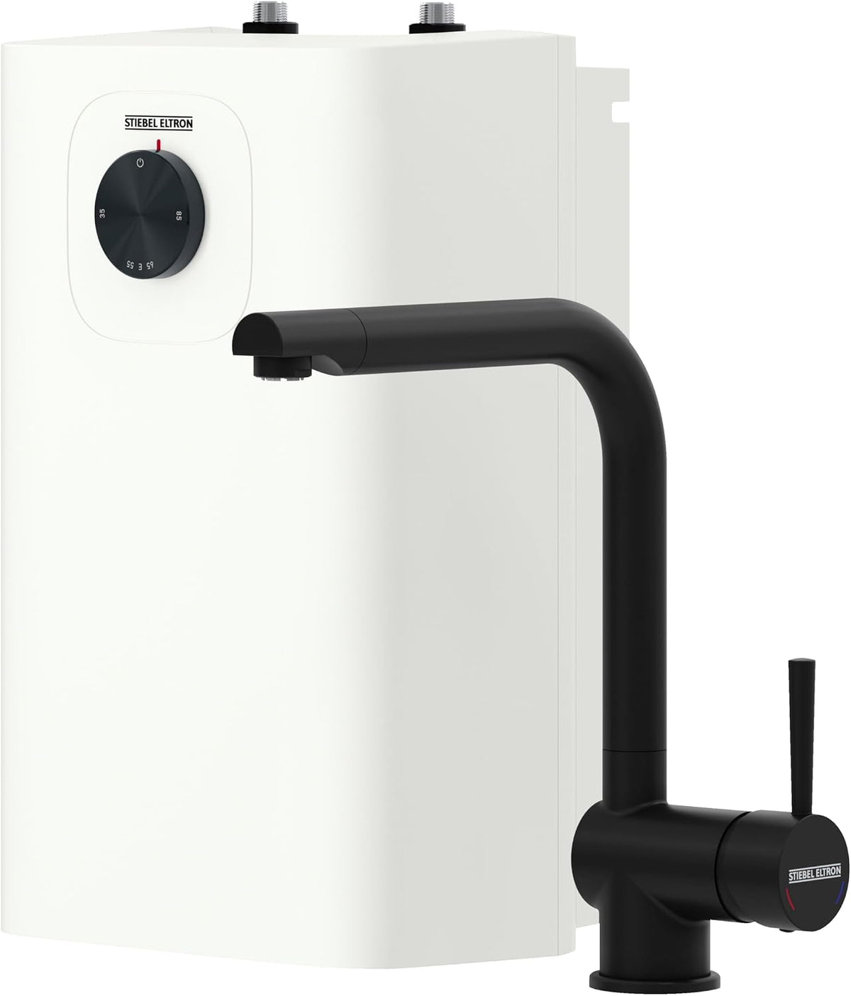 Stiebel Eltron chauffe-eau, 5 litres – 2 kW | Blanc/Noir, Petit SNU 5 Plus avec robinet noir mat MAE-B (robinet de cuisine)