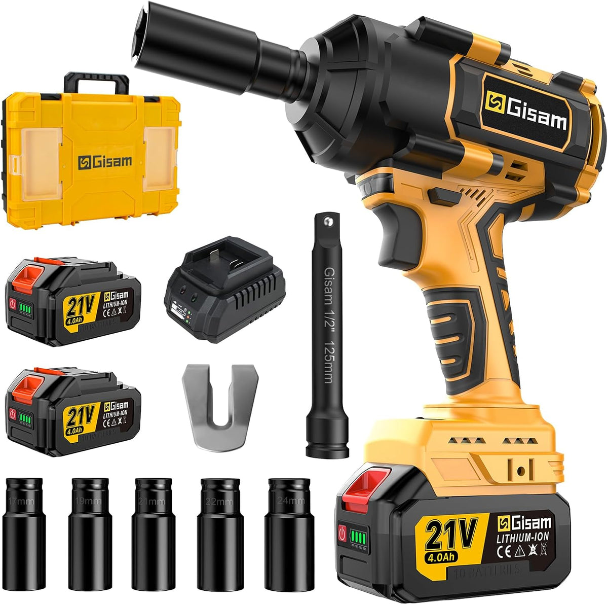 visseuse à choc Gisam – 2 pouce | 2x4.0, Noir/Jaune – 1000 N.m Clé à Chocs Sans Fil Brushless | 1/ Boulonneuse a Choc Electrique avec Ah Batterie