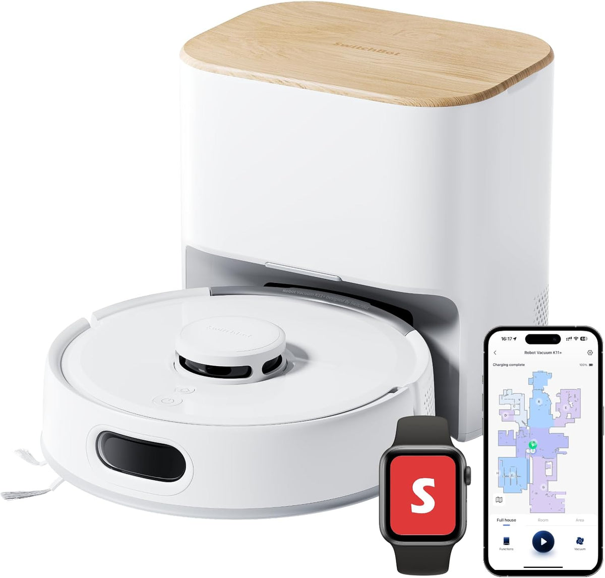 robot aspirateur SwitchBot | aspirateur robot, Blanc/Bois Clair – K11+ avec serpillère | Puissance d'aspiration 6000 Pa