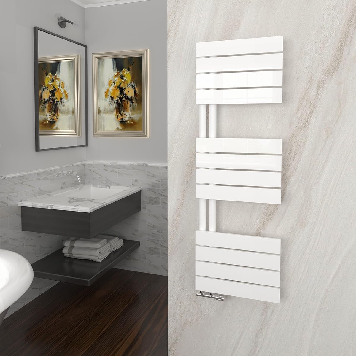 Sèche-serviettes GY Bath – 1200x400 mm | 547 W, Blanc – Radiateur Panneau | Sèche Serviettes à Eau Chaude, Chauffe Serviettes à Température Constante