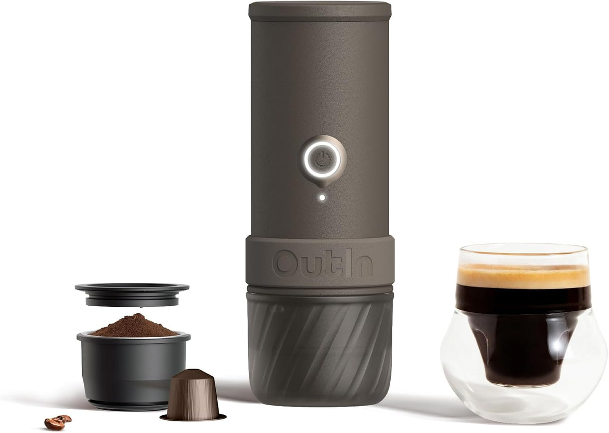 OutIn machine à café, Gris – Mino Machine à Expresso Électrique Portable | Mini Cafetière de Camping de Voyage