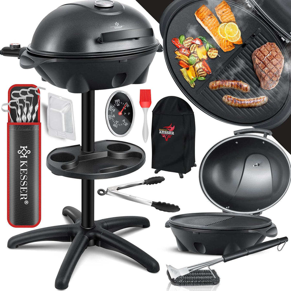 table de cuisson KESSER, plaque de cuisson – 2400 W | Noir, Barbecue électrique 2 en 1 – sur pied | couvercle, thermomètre – revêtement antiadhésif