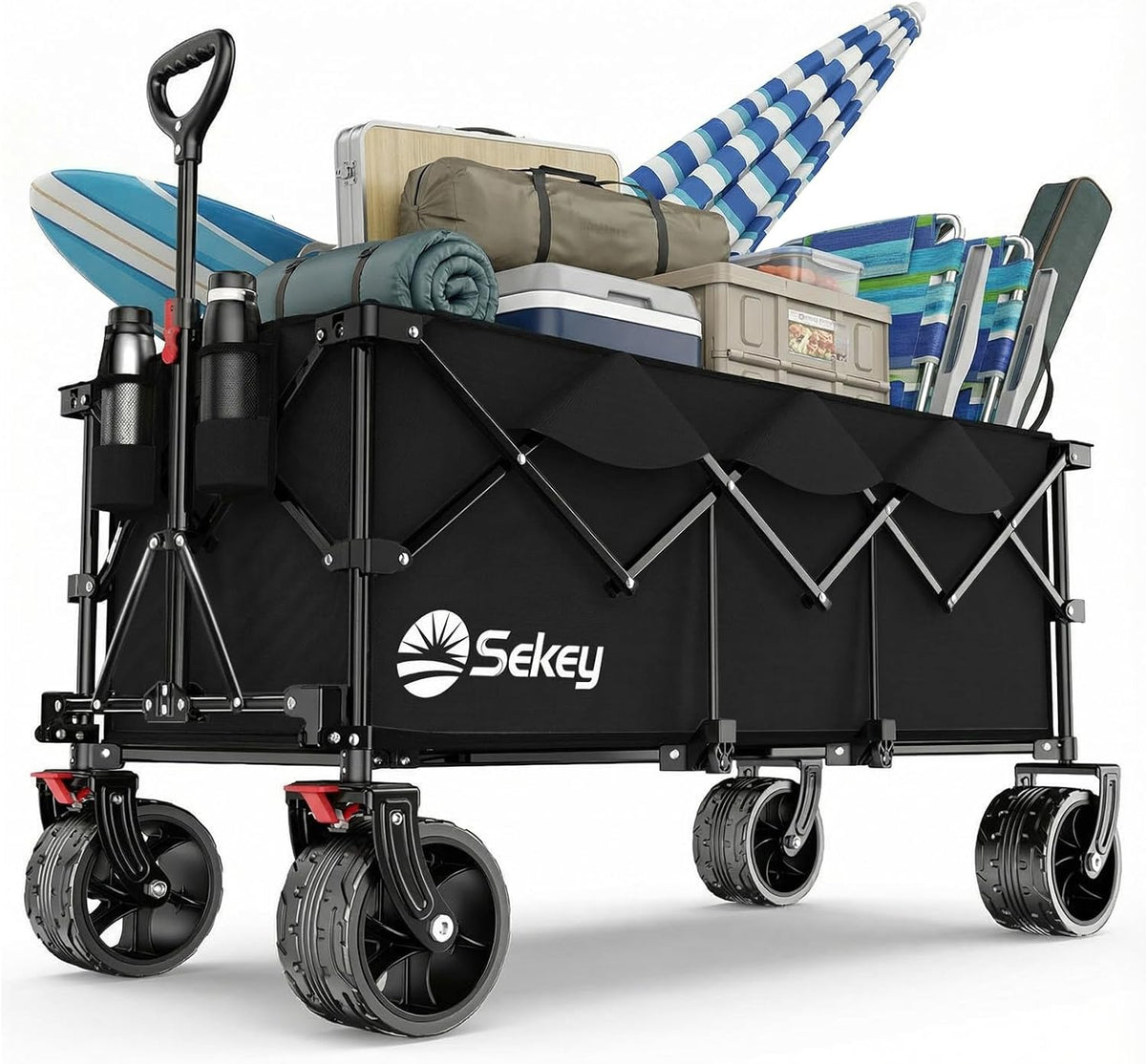 Chariots à 2roues Sekey | 300 L, 200KG – 17x10 cm | Noir, XXXL Chariot de Transport Pliable avec Freins, Chariot de Plage Jardin avec Roues Extra