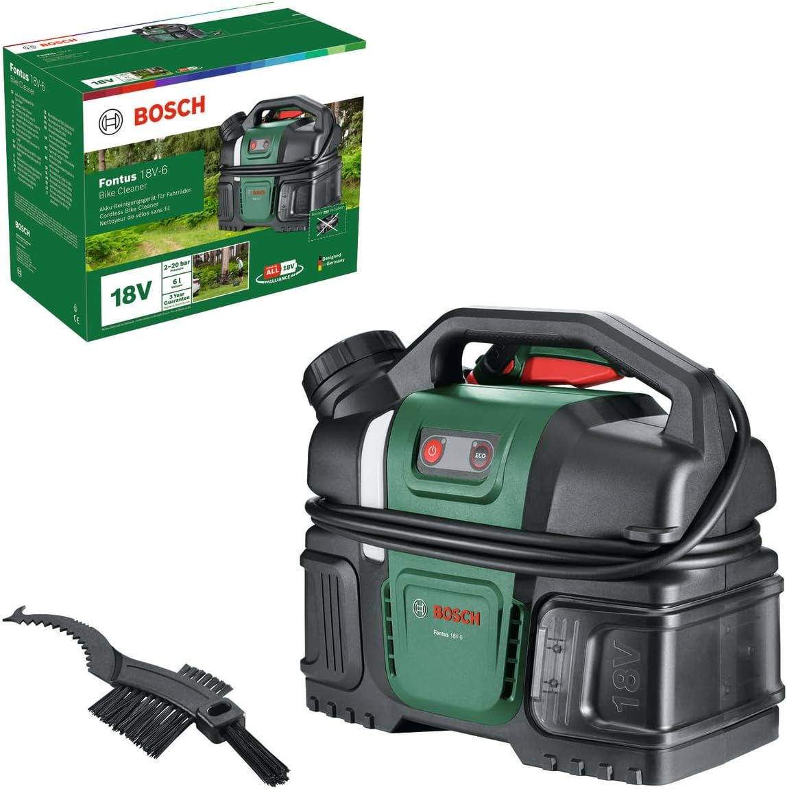Bosch nettoyeur haute pression, 18 V – 6 L | Noir/Vert, portable Fontus -6 pour vélo (réservoir d'eau – 8 réglages de pression